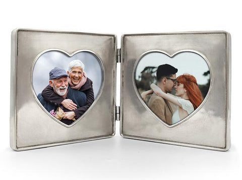 Cuore Double Heart in Square Frame - 26.5 cm x 13 cm - Handcrafted in Italy - Pewter