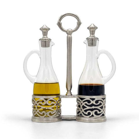 Intreccio Oil & Vinegar Cruet Set - 23 cm Height - Handcrafted in Italy - Pewter & Crystal