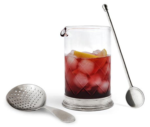 Luisa Cocktail Mixing Glass, Stirrer & Strainer Set - 70cl - Handcrafted in Italy - Pewter & Crystal Glass