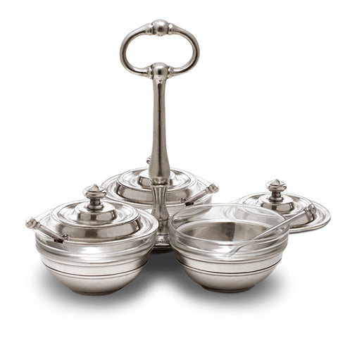 Osteria Condiment Holder (with handle, glass inserts, lids & spoons) - 18.5 cm Diameter - Handcrafted in Italy - Pewter & Glass