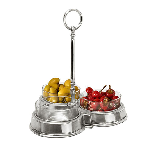 Quadrilobo Condiment/Crudité Set (Trio) - 26 cm x 26 cm x 28 cm - Handcrafted in Italy - Pewter & Crystal Glass