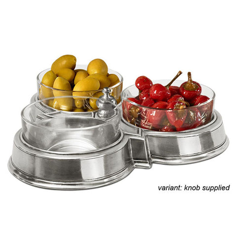 Quadrilobo Condiment/Crudité Set (Trio) - 26 cm x 26 cm x 28 cm - Handcrafted in Italy - Pewter & Crystal Glass
