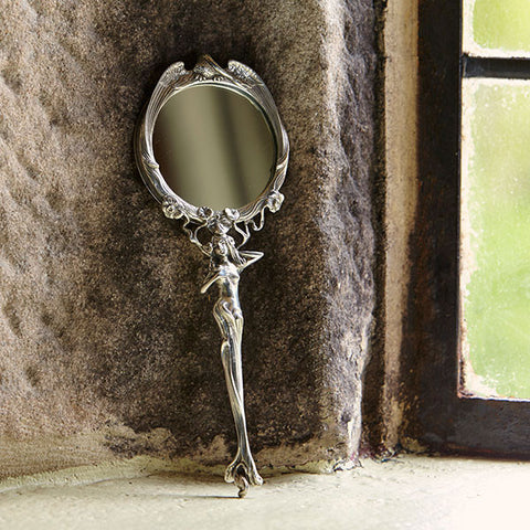 Art Nouveau-Style Ninfa Handbag Mirror - 21 cm Length - Handcrafted in Italy - Pewter/Britannia Metal
