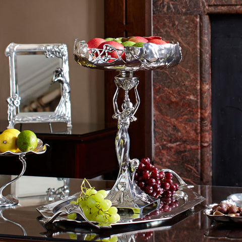 Art Nouveau-Style Donna Fruit Stand - Maiden & Boy (right) - 41.5 cm Height - Handcrafted in Italy - Pewter/Britannia Metal