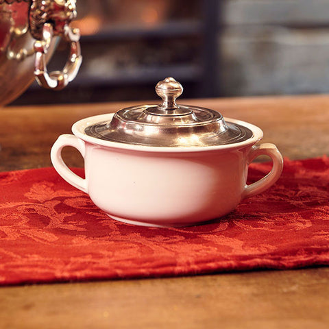 Convivio Covered Soup Bowl - White - 14.5 cm Diameter - Handcrafted in Italy - Pewter & Ceramic