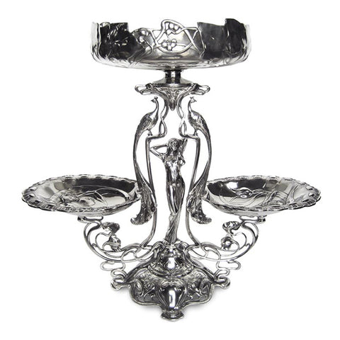 Art Nouveau-Style Donna Fruit Stand - Maiden & Peacocks - 50 cm Height - Handcrafted in Italy - Pewter/Britannia Metal