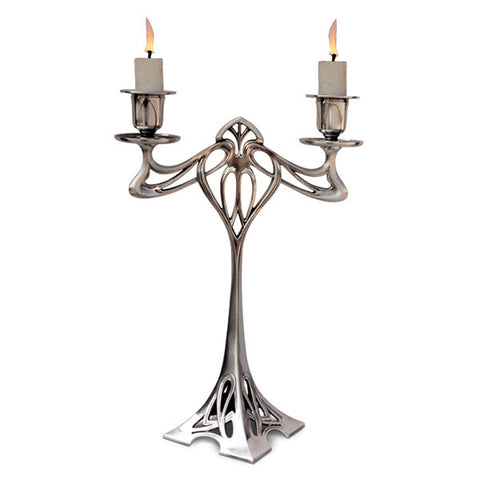 Art Nouveau-Style Eiffel 2 Flame Candelabra - geometric- 30 cm Height - Handcrafted in Italy - Pewter/Britannia Metal