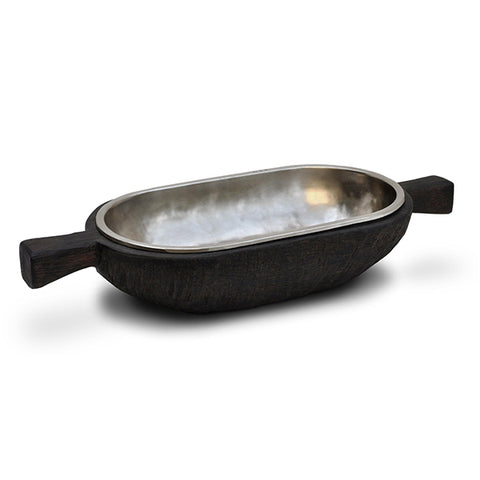 Fuga Oval Bowl (with handles) - 44 cm x 17.5 cm - Handcrafted in Italy - Pewter & Wood