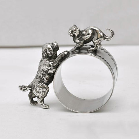 Art Nouveau-Style Gatto Dog & Cat Napkin Ring - 7 cm - Handcrafted in Italy - Pewter/Britannia Metal
