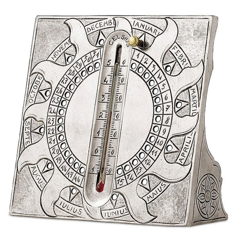 Gregorio Perpetual Desk Calendar & Thermometer - 14 cm x 14 cm - Handcrafted in Italy - Pewter & Glass