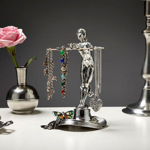 Art Nouveau-Style Donna Jewellery Holder (girl with birds) - 21 cm Height - Handcrafted in Italy - Pewter/Britannia Metal