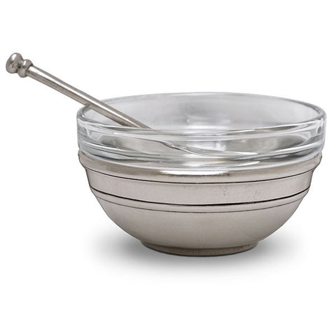 Osteria Single Condiment Holder (with glass insert & spoon) - 9 cm Diameter - Handcrafted in Italy - Pewter & Glass