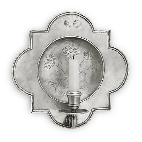 Quadrilobo Wall Sconce Candlestick (Floral) - 24 cm x 24 cm - Handcrafted in Italy - Pewter