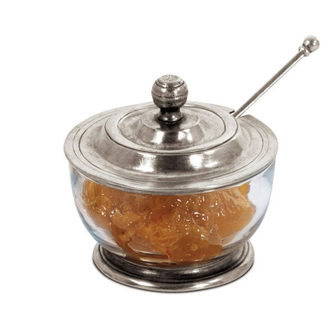 Siena Chutney/Pickle Pot (with spoon) - 11 cm Diameter - Handcrafted in Italy - Pewter & Crystal