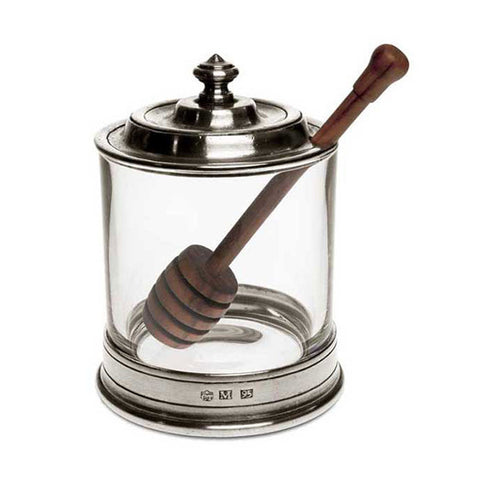 Sirmione Honey Pot (with twizzler) - 12.5 cm Height - Handcrafted in Italy - Pewter & Crystal
