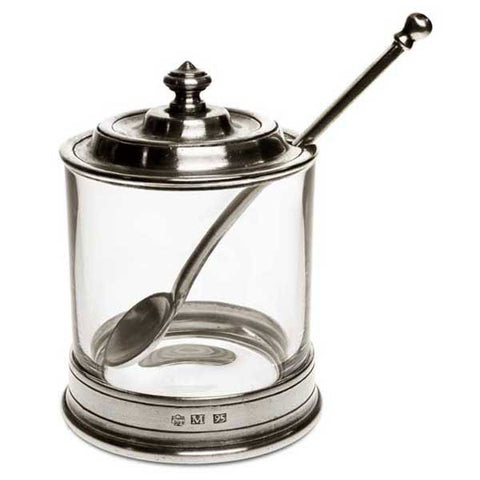 Sirmione Jam Pot (with spoon) - 13 cm Height - Handcrafted in Italy - Pewter & Crystal