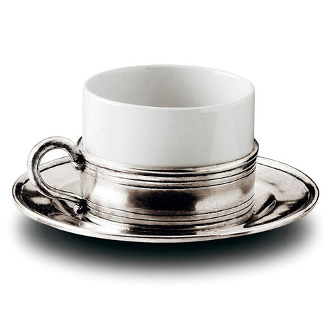Todi Cappuccino Cup & Saucer - 20 cl - Handcrafted in Italy - Pewter & Ceramic