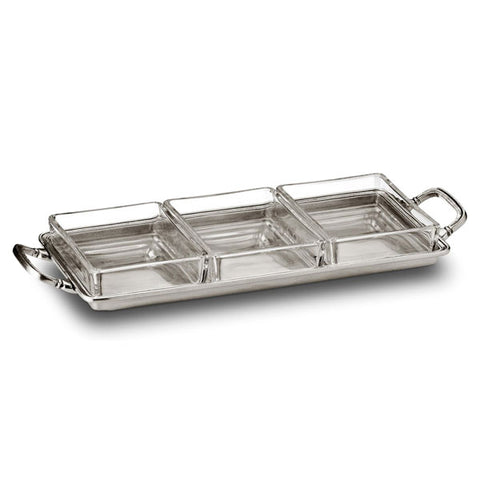 Umbria Crudités Tray (with handles) - 29 cm x 13.5 cm - Handcrafted in Italy - Pewter & Glass