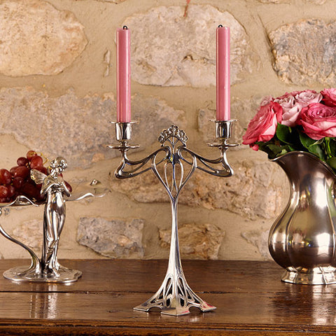 Art Nouveau-Style 2 Flame Eiffel Candelabra - 29.5 cm Height - Handcrafted in Italy - Pewter/Britannia Metal