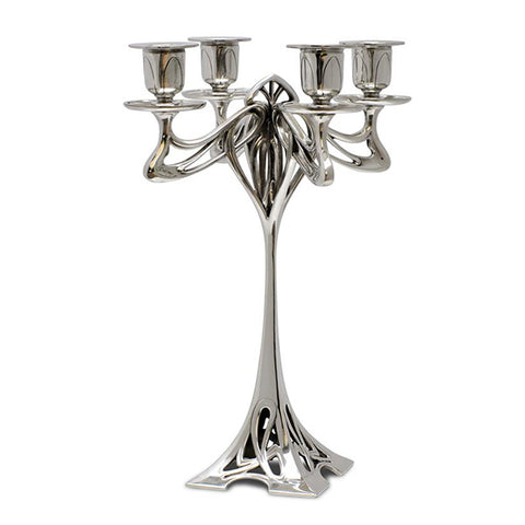 Art Nouveau-Style Eiffel 4 Flame Candelabra - Geometric - 29.5 cm - Handcrafted in Italy - Pewter/Britannia Metal