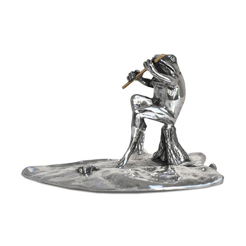 Art Nouveau-Style Rana Sculpture - Frog with Flute - 13 cm x 9.5 cm - Handcrafted in Italy - Pewter/Britannia Metal