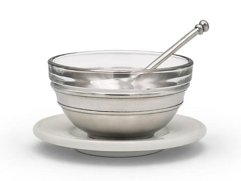 Osteria Single Condiment Holder (with glass insert, saucer & spoon) - 9 cm Diameter - Handcrafted in Italy - Pewter, Ceramic & Glass