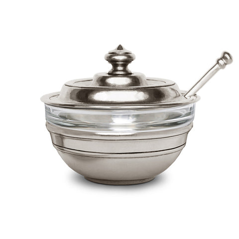 Osteria Single Condiment Holder (with glass insert, lid & spoon) - 9 cm Diameter - Handcrafted in Italy - Pewter & Glass