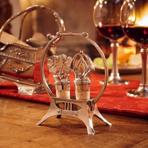 Art Deco Secession Two Bottle Stopper Holder (with handles) - 14.5 cm Height - Handcrafted in Italy - Pewter/Britannia Metal