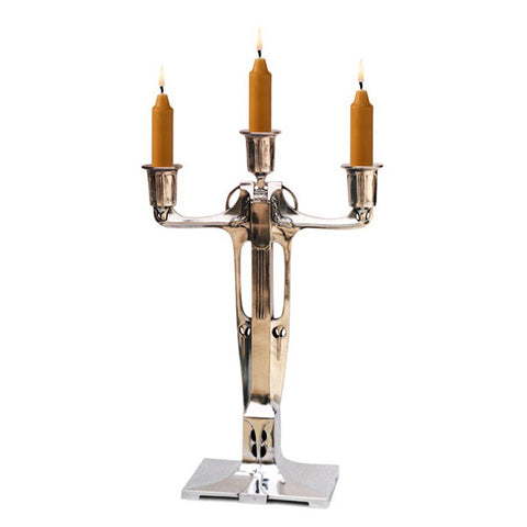 Art Nouveau-Style 3 Flame Secession Candelabra - Straight - 37 cm Height - Handcrafted in Italy - Pewter/Britannia Metal