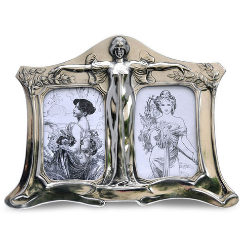 Art Nouveau-Style Carosello Double Photo Frame - 33.5 cm x 24.5 cm - Handcrafted in Italy - Pewter
