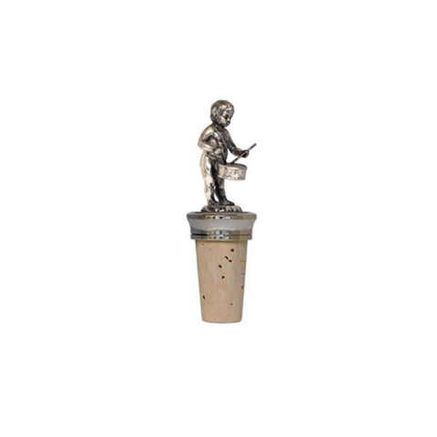 Combo Cherub (with drum) Bottle Stopper - Handcrafted in Italy - Pewter/Britannia Metal & Cork