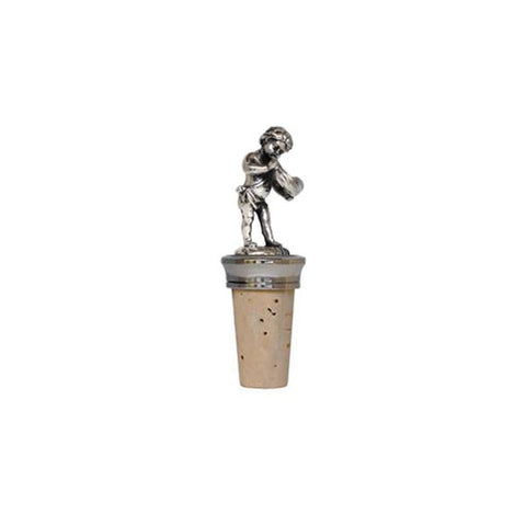 Combo Cherub (with horn) Bottle Stopper - Handcrafted in Italy - Pewter/Britannia Metal & Cork