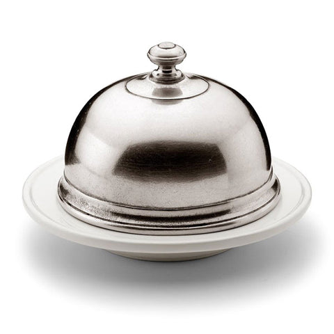 Convivio Round White Ceramic Butter Dome - 14 cm Diameter - Handcrafted in Italy - Pewter & Ceramic
