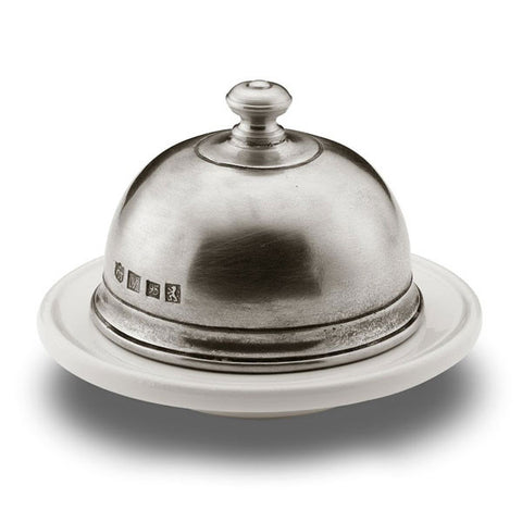 Convivio Round White Ceramic Butter Dome - 10.5 cm Diameter - Handcrafted in Italy - Pewter & Ceramic