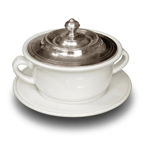 Convivio Covered Soup Bowl & Plate - White - 14.5 cm Diameter - Handcrafted in Italy - Pewter & Ceramic