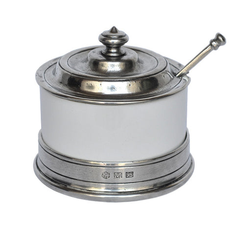 Convivio Jam Pot (with spoon) - White - 9.5 cm Diameter - Handcrafted in Italy - Pewter & Ceramic