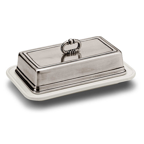 Convivio Rectangular Butter Dish - 18.5 x 11 cm - Handcrafted in Italy - Pewter & Ceramic