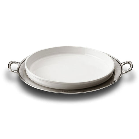 Convivio Round White Ceramic Platter - 48.5 cm Diameter - Handcrafted in Italy - Pewter & Ceramic