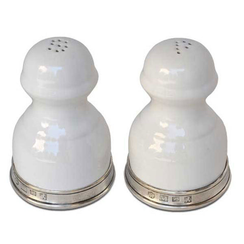 Convivio Salt & Pepper Shaker Set - White - 9 cm Height - Handcrafted in Italy - Pewter & Ceramic