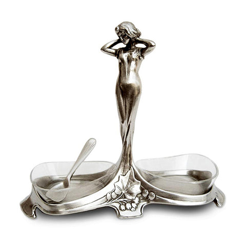 Art Nouveau-Style Donna Salt & Pepper Set - 16 cm - Handcrafted in Italy - Pewter/Britannia Metal & Glass
