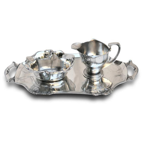 Art Nouveau-Style Fiori Primula Rectangular Tray (with handles) - Handcrafted in Italy - Pewter/Britannia Metal