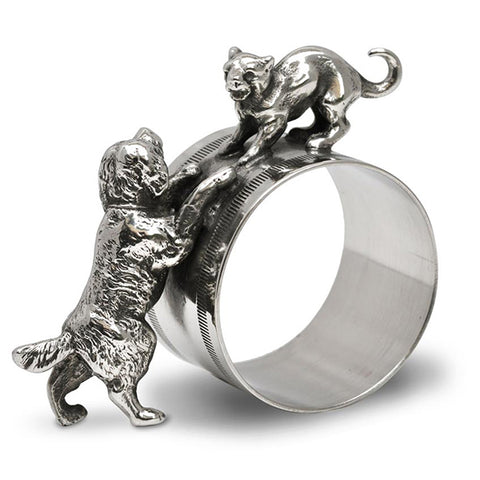 Art Nouveau-Style Gatto Dog & Cat Napkin Ring - 7 cm - Handcrafted in Italy - Pewter/Britannia Metal
