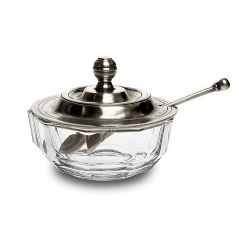 Gonia Sugar Pot (with spoon) - 11 cm Diameter - Handcrafted in Italy - Pewter & Glass