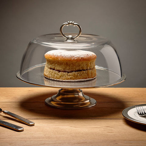 Loreto Cake & Cheese Stand and 30 cm Cloche - 32.5 cm Diameter - Handcrafted in Italy - Pewter & Glass