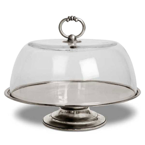 Loreto Cake & Cheese Stand and 30 cm Cloche - 32.5 cm Diameter - Handcrafted in Italy - Pewter & Glass