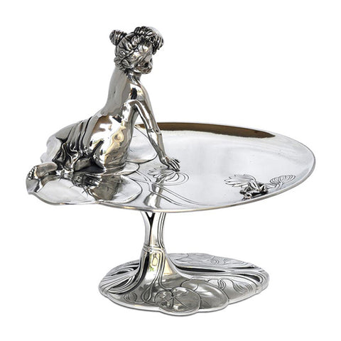 Art Nouveau-Style Ninfa Footed Tray - Nude Bathing Beauty - 23 cm - Handcrafted in Italy - Pewter/Britannia Metal