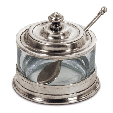 Osteria Sugar Pot (with spoon) - 10 cm Diameter - Handcrafted in Italy - Pewter & Glass