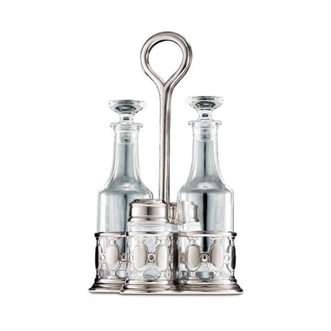 Palermo Condiment Cruet Set - 25.5 cm Height - Handcrafted in Italy - Pewter & Crystal