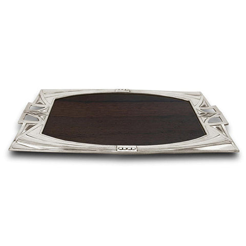 Art Nouveau-Style Secession Wood Inlay Tray - 51 cm - Handcrafted in Italy - Pewter/Britannia Metal & Cherry Wood