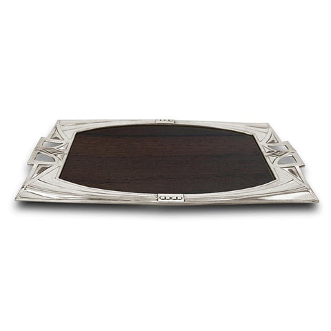 Art Nouveau-Style Secession Wood Inlay Tray - 38 cm - Handcrafted in Italy - Pewter/Britannia Metal & Cherry Wood